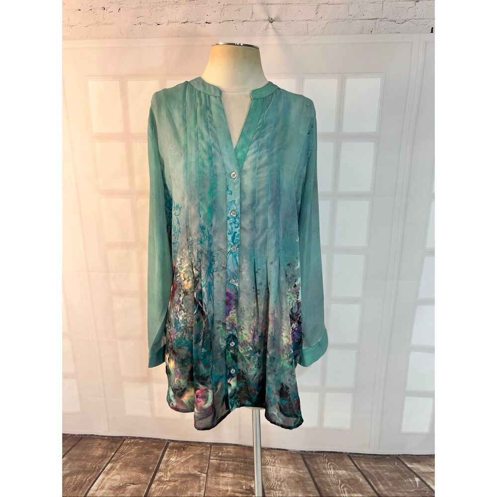 Soft Surroundings Green Floral Watercolor Sheer Button Front Tunic Top Sz Large